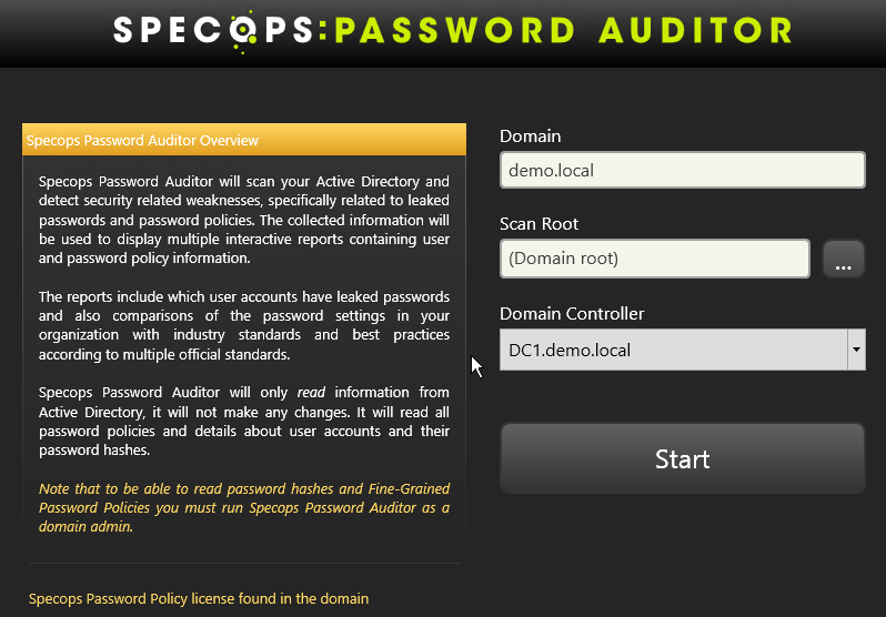 Specops Password Auditor Start Scan-page