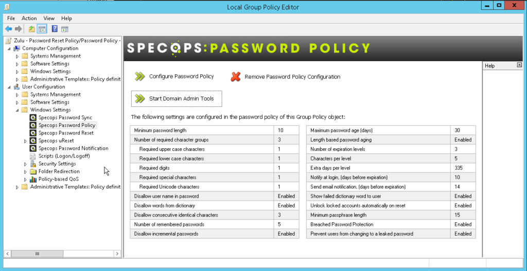 Specops Password Policy Settings under User Configuration