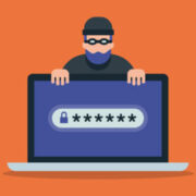 Illustration of laptop computer and cyber criminal looking for password