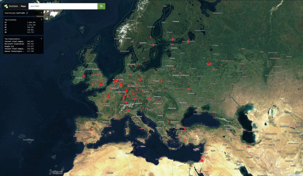 Eine Übersicht der Server in Europa deren Port 3389 direkt via Internet erreichbar ist. Stand Oktober 2022, Quelle shodan.org