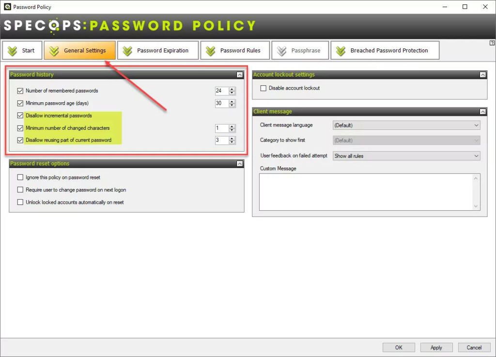 Einstellungsmöglichkeiten für Specops Password Policy, um Muster und Passwortwiederholungen in Active Directory zu verhindern