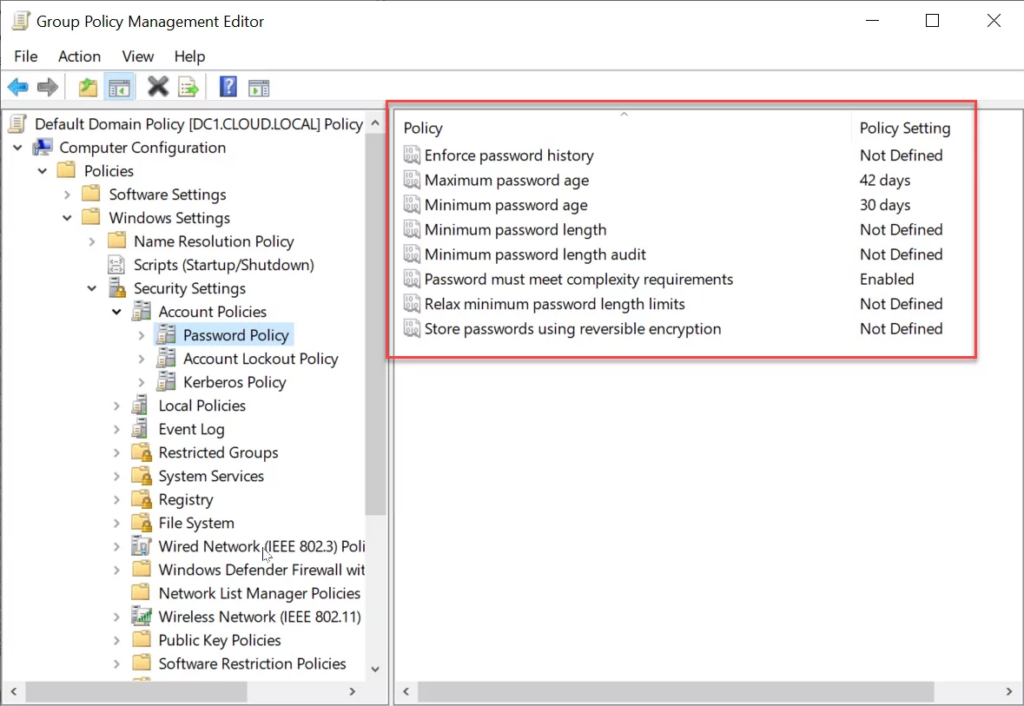 Einstellung für Passwortrichtlinien in Active Directory