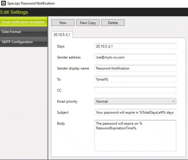 Specops Password Notification Templateeinstellungen