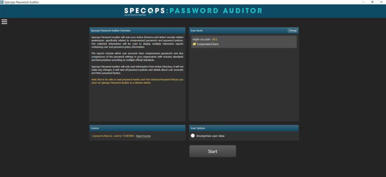 Specops Password Auditor: Startbildschirm