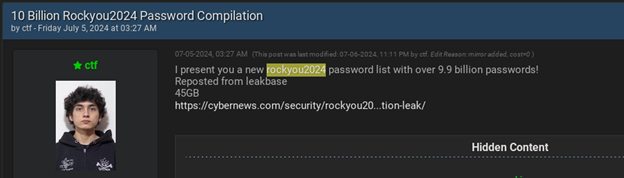 Message original du forum concernant la liste de mots de passe de Rockyou2024