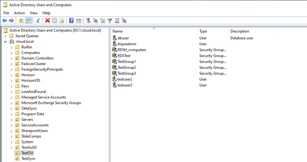 Active Directory Users and Computers before restore