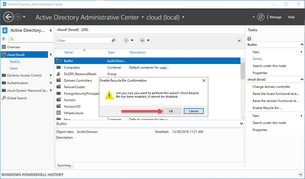 Active Directory Administrative Center - Enable Recycle Bin Confirmation