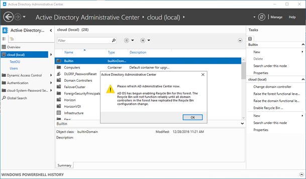 Active Directory Administrative Center - refresh AD