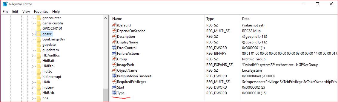 screenshot of Type value for the service is 0x10 in grpsvcgroup