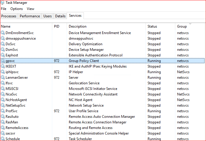 screenshot of Group Policy Service (gpsvc) sharing the same process (PID 972 in this case) and group (netsvc) as a bunch of other Windows Services