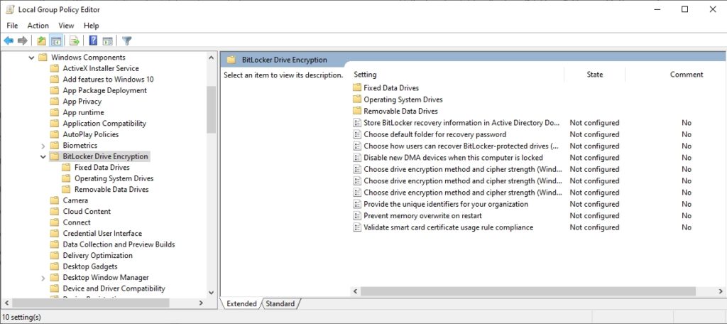 screenshot of BitLocker settings - access via opening the Group Policy editor and then navigating through the console tree to Computer Configuration \ Administrative Templates \ Windows Components \ BitLocker Drive Encryption