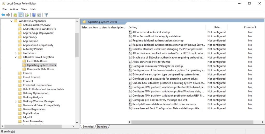 screenshot of Operating System Drive folder containing the BitLocker group policy settings