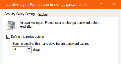 screenshot setting to configure manually password expiration notifications in default domain policy for GPO