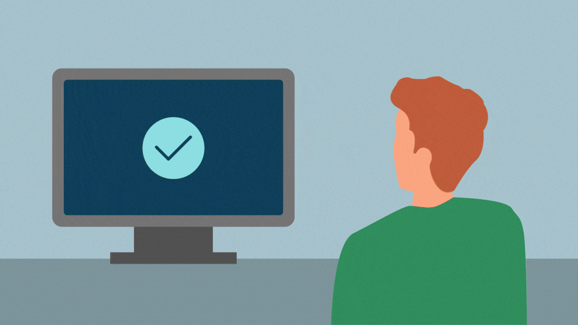 Moving Graphic of stylized man with green sweater in front of computer logging in safely with the help desk identity verification tool from Specops