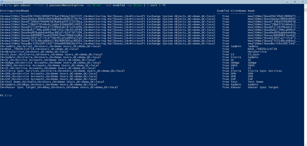 screenshot of PasswordNeverExpires attribute in Powershell