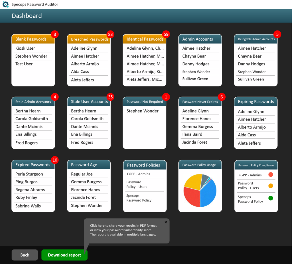 Screenshot of Specops Password Auditor with Download Report button