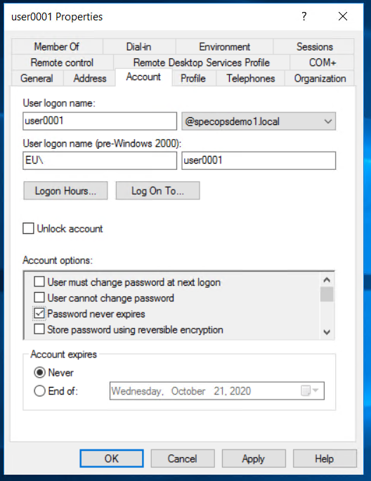 user properties with setting password never expires