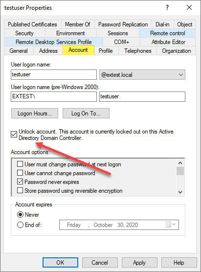 Unlock a locked user account in Active Directory Users and Computers
