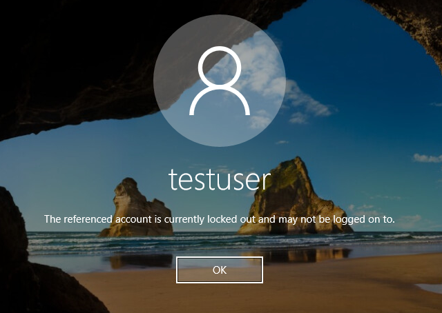 Un écran d'utilisateur test avec un message indiquant que "le compte référencé est actuellement verrouillé et ne peut pas être connecté". L'utilisateur final peut cliquer sur un bouton "OK".