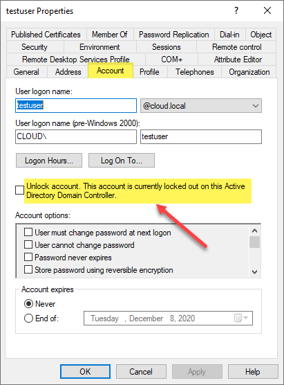 Capture d'écran d'un backend Active Directory ou ADUC, montrant les propriétés de l'onglet utilisateur et compte. Il y a une flèche vers une bascule qui dit "Déverrouiller le compte. Ce compte est actuellement verrouillé sur ce contrôleur de domaine Active Directory."