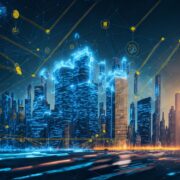 graphic of skyline with futuristic illustrations