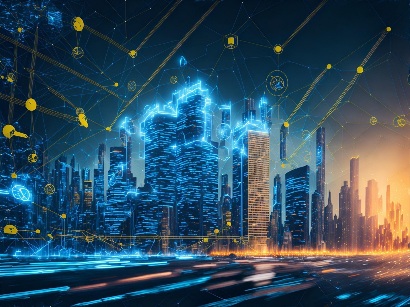 graphic of skyline with futuristic illustrations