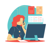 woman on desktop and talking on phone