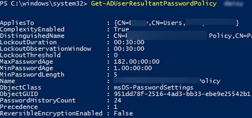 Get-ADUserResultantPasswordPolicy -Identity jsmith