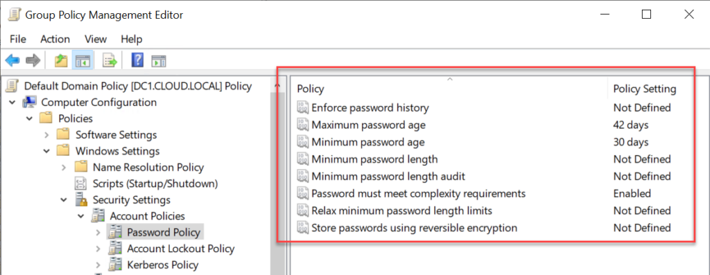 windows server 2022 domain controller password policy settings