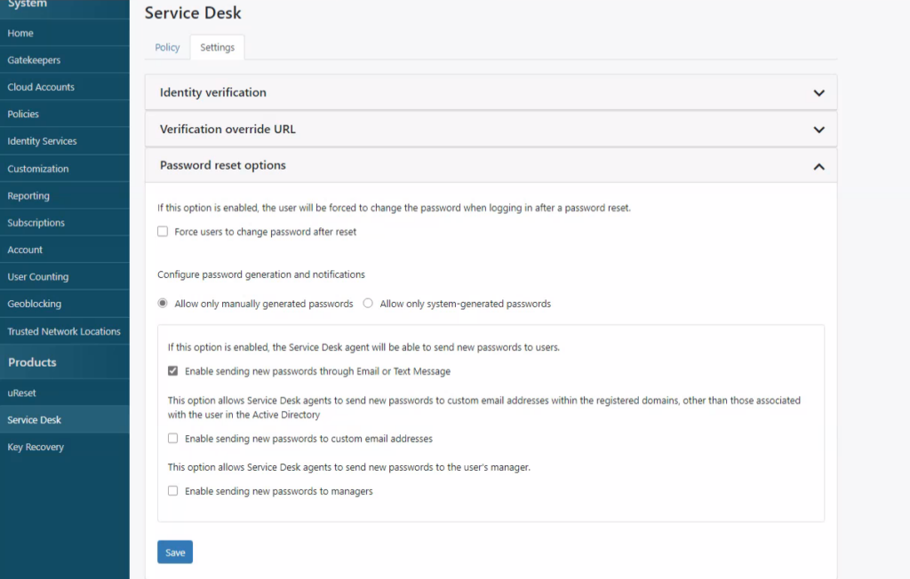 service desk settings screen