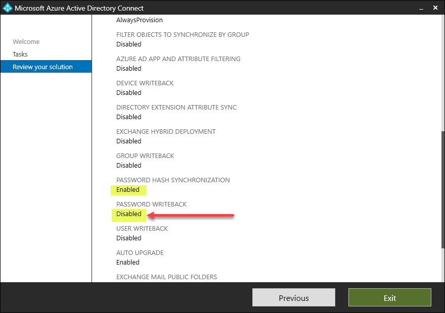 Azure AD Connect configuration with password hash synchronization and password writeback
