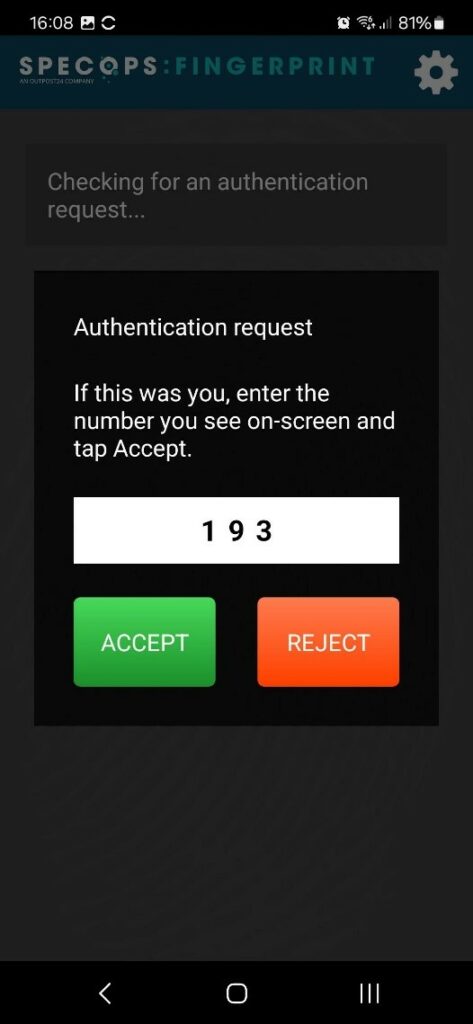 Specops Fingerprint end user enters the number they see on the screen for a Specops Authentication request