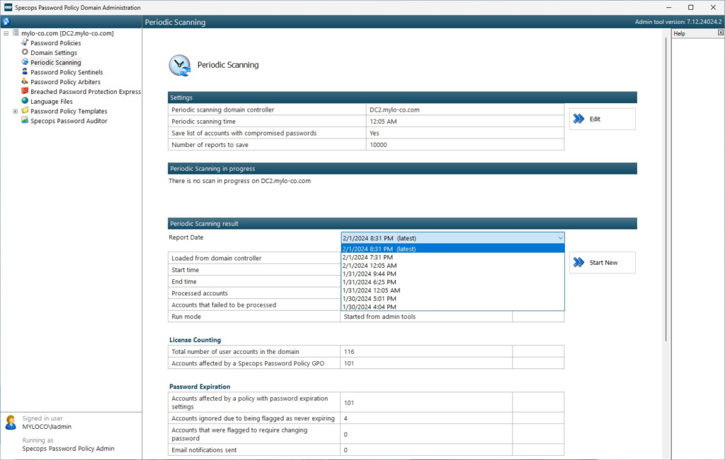 Choosing which report to review in the Periodic Scanning screen