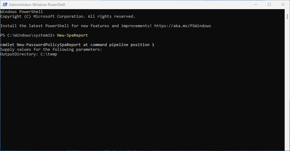 An admin defines the location of where the Powershell cmdlet-generated Password Auditor report will save