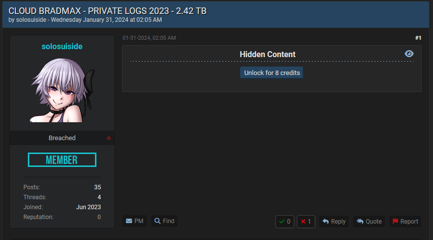Underground forum user advertising 2.4TB of logs, including credentials. These can be exchanged for forum credits that are bought or earned.