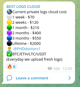 Another infiltrated Telegram chat advertising a subscription service for access to logs containing credentials and other private information.