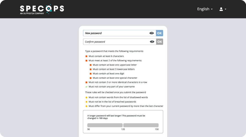 The dynamic feedback screen that helps an end user set their first password that complies with an organization’s password policy