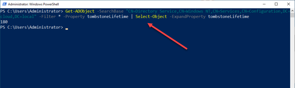 Powershell window with code to check the length of time objects stay in the recycle bin