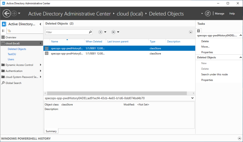 Screenshot of the deleted AD objects that are restored