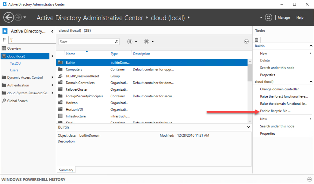Enable recycle bin in Active Directory