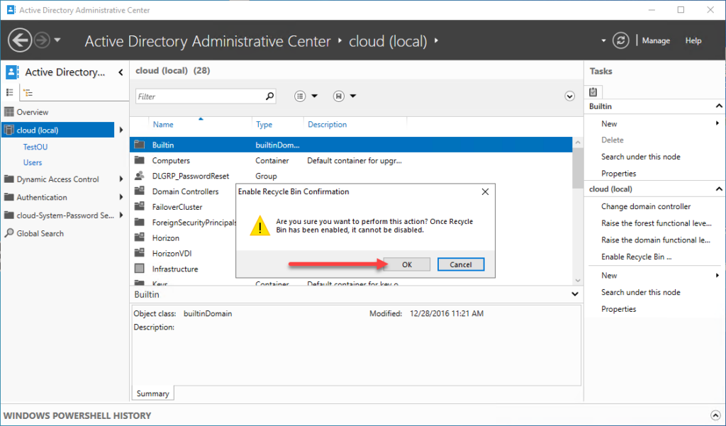 Confirm enable recycle bin Active Directory