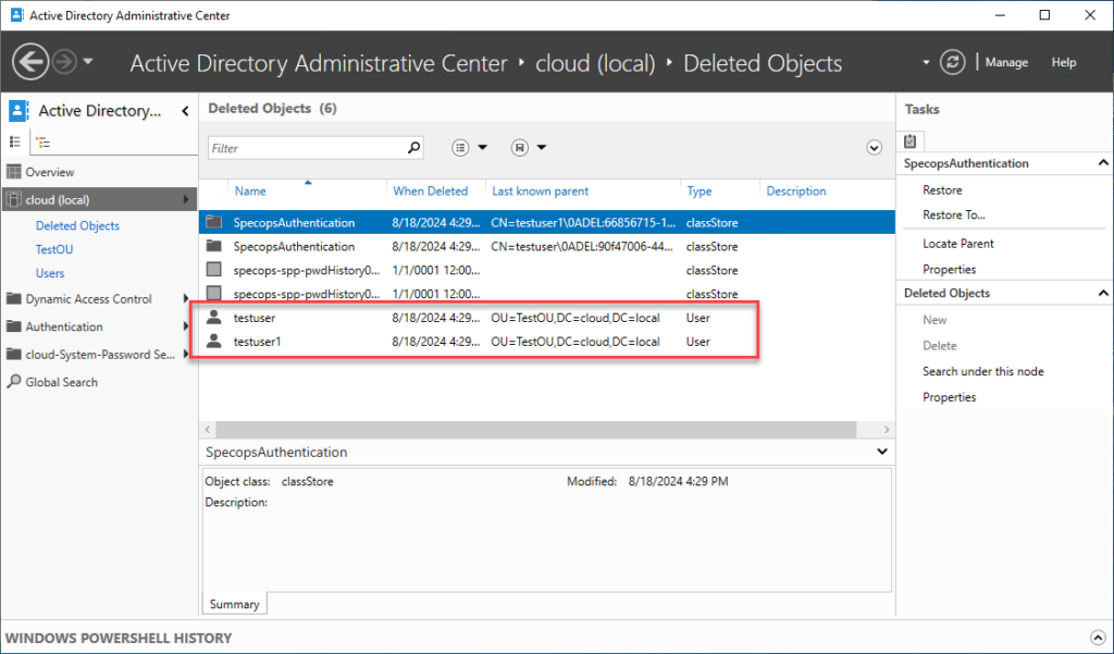 Viewing deleted objects in the Active Directory recycle bin deleted objects folder