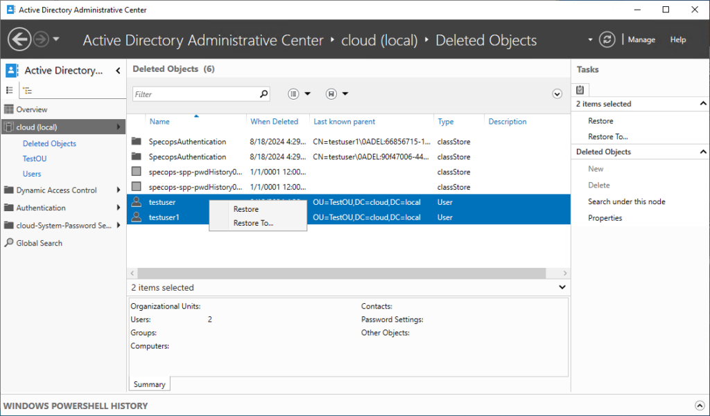 Viewing the restore options in Active Directory recycle bin