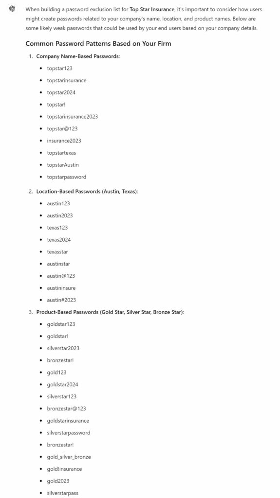 ChatGPT weak password suggestions based on firm