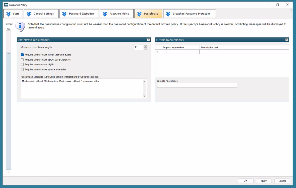 Screen showing Specops passphrase support