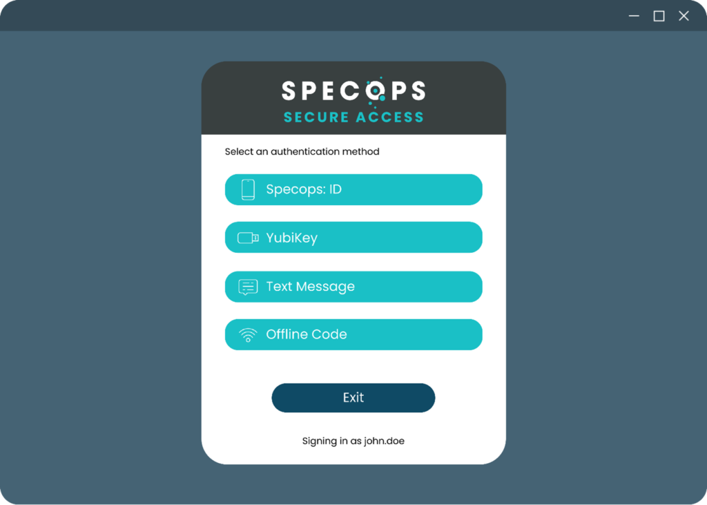 Authentification methods in Specops Secure Access displayed on styled app screen: Specops:ID, Yubikey, Text Message, offline Code