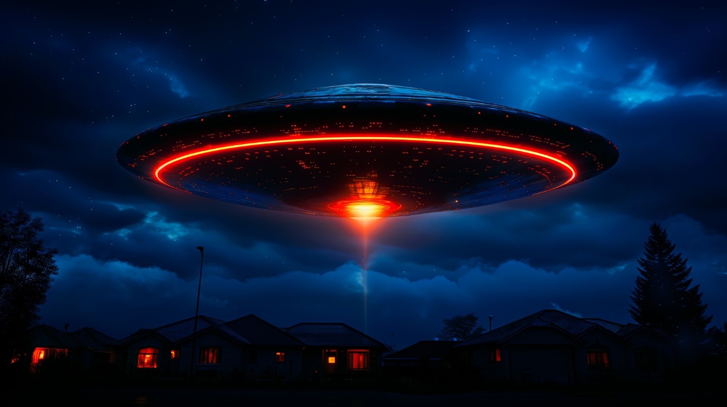 dark ufo with red lights in the sky above the houses - alien txtbase featured image