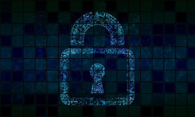 blue closed lock in front of dark backgound